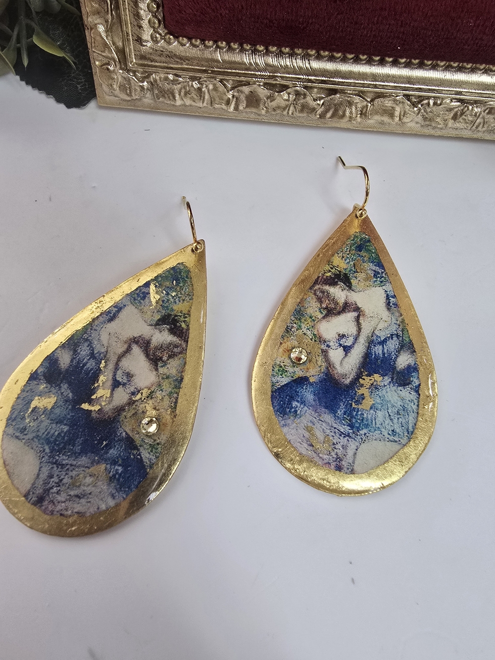 Gold Teardrop Earrings with Blue Art-Print Inset